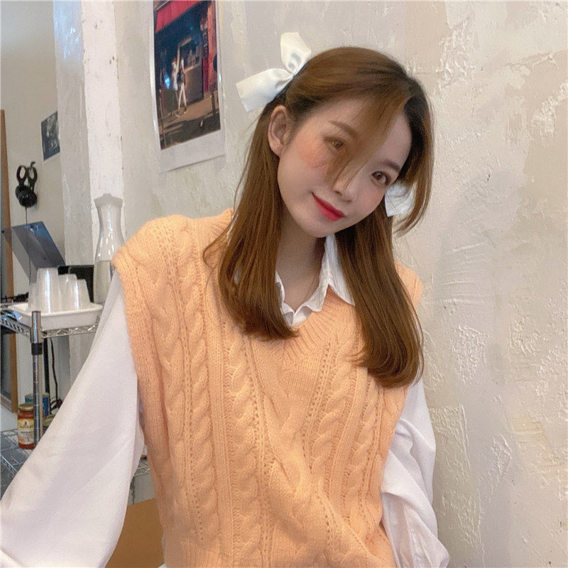 Áo Len Nữ Không Tay Cổ Chữ V Phong Cách Retro Nhật Bản