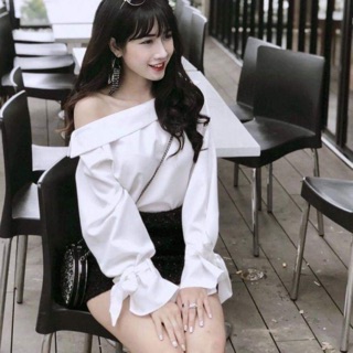 Áo lệch vai tay dài nơ tay siêu xinh