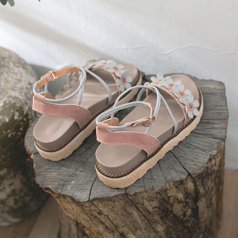 IELGY Giày xăng đan nữ mặt đính bông hoa thời trang retro xinh xắn