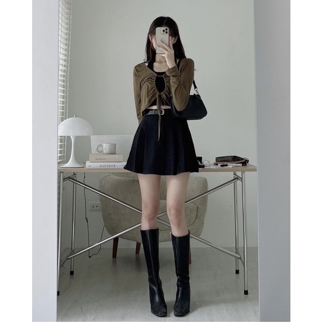 Set 2 món tách rời áo croptop dài tay cổ rút kèm áo bra phong cách cá tính dành cho nữ kèm ảnh thật