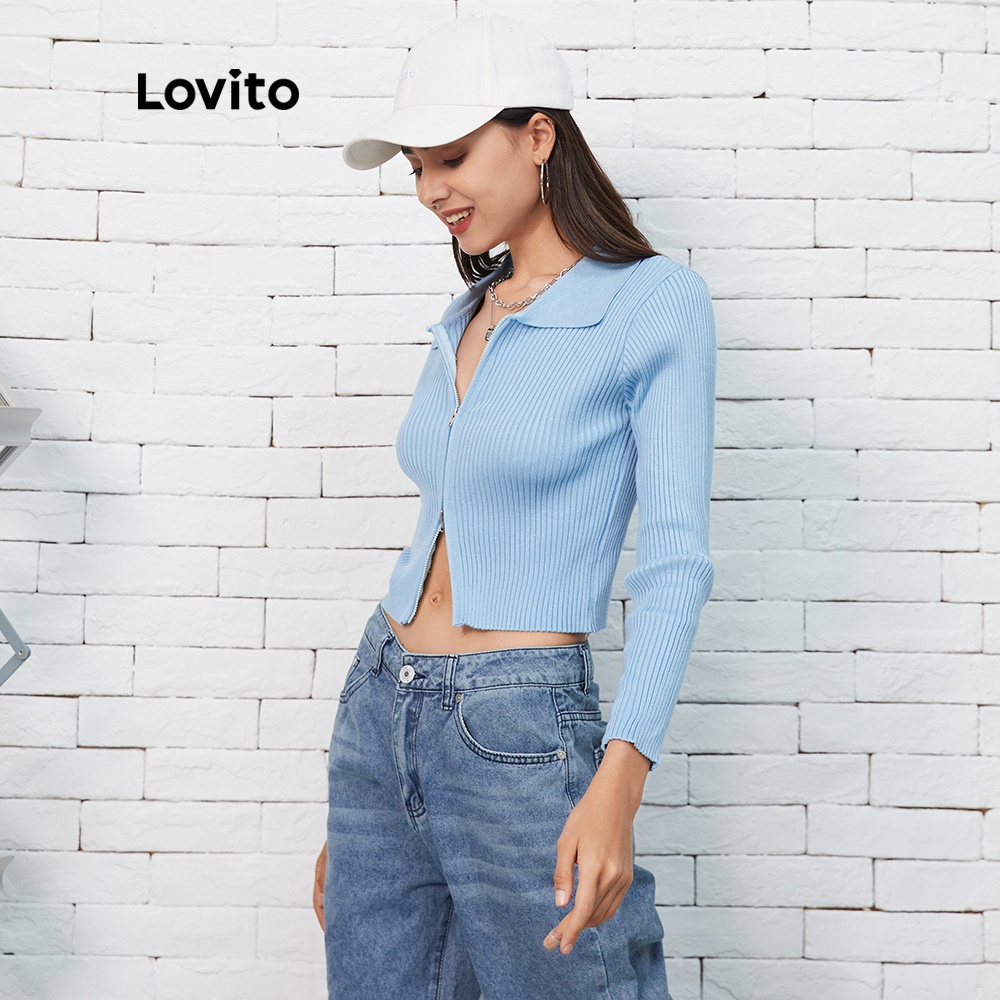 Lovito Áo cardigan dương trơn đơn giản dây khóa kéo phong cách thường ngày L07093