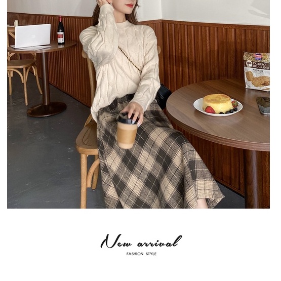 Chân váy nữ kẻ caro dáng xoè dài qua gối chất dạ dày 2 lớp thu đông 2022