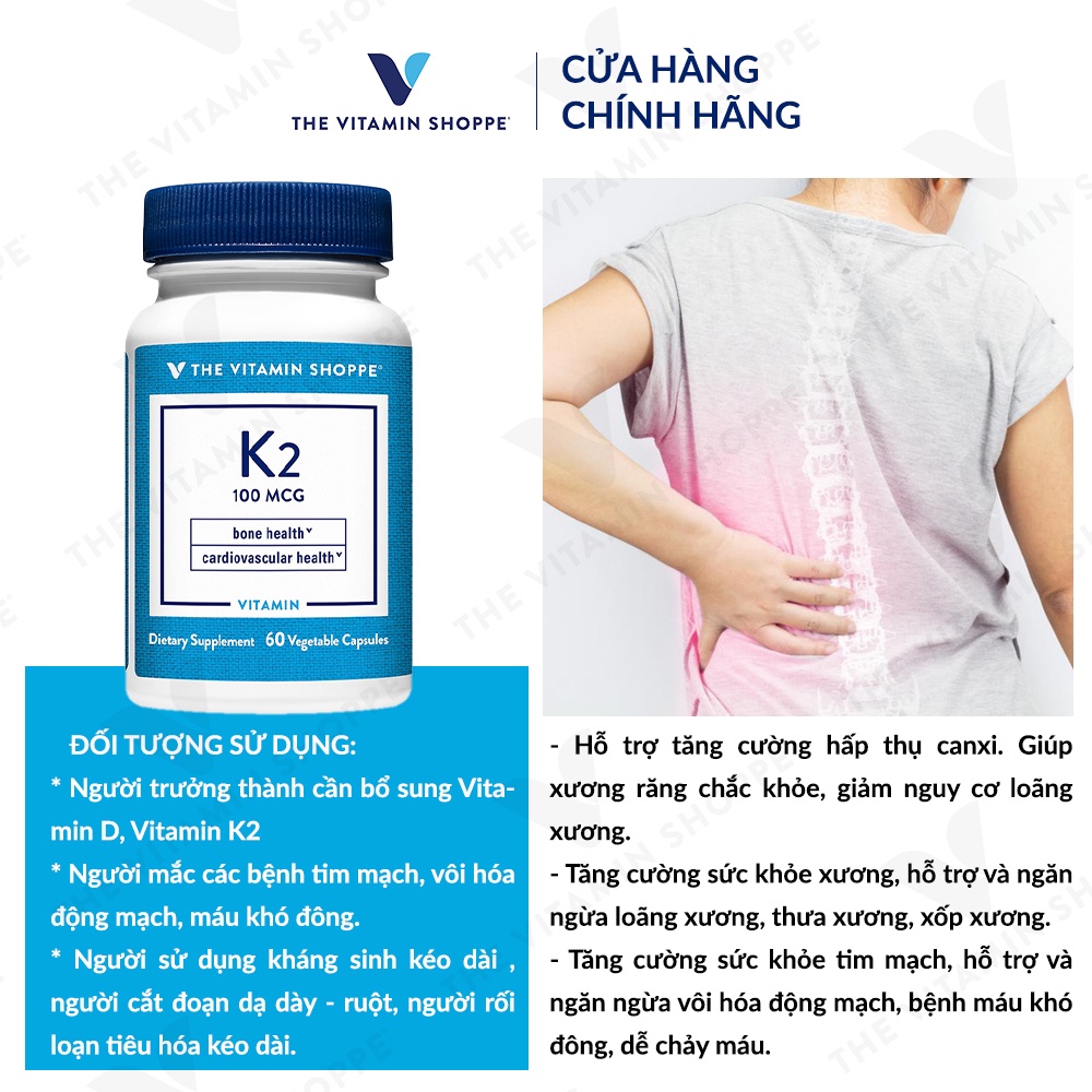 Viên uống bổ sung vitamin D3 và K The Vitamin Shoppe K2 hỗ trợ xương khớp 60/90 viên