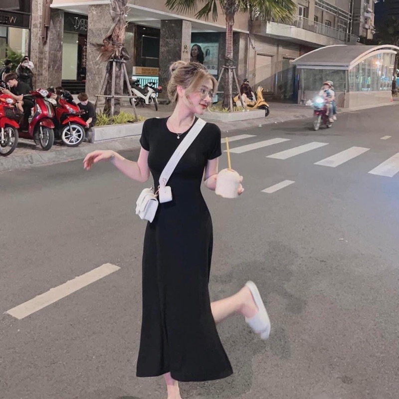 Đầm Body Thun Dáng Dài Xẻ Tà Năng Động Màu Đen (Hàng Sẵn, Ảnh Thật)