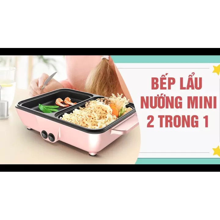 Nồi lẩu điện 2 ngăn vừa lẩu vừa nướng 1200W (ảnh thật)