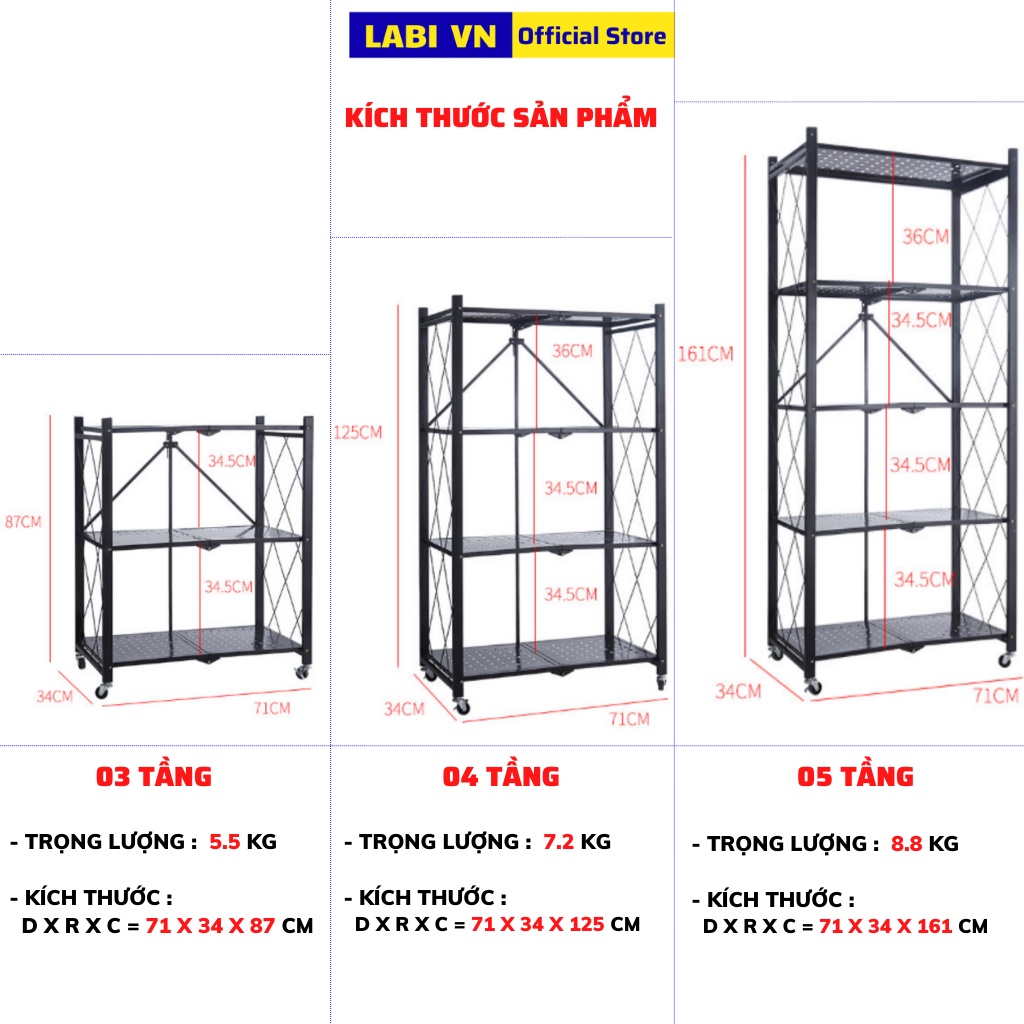 Kệ lò vi sóng thép carbon đa năng 3 4 5 tầng gấp gọn có bánh xe LABI VN LB070