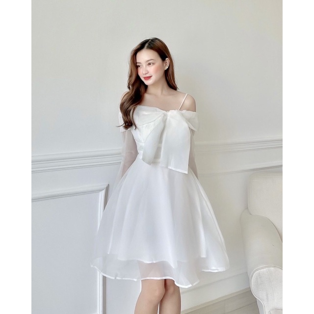 Đầm xoè phồng váy hai dây voan kiếng trễ vai nơ - TK717
