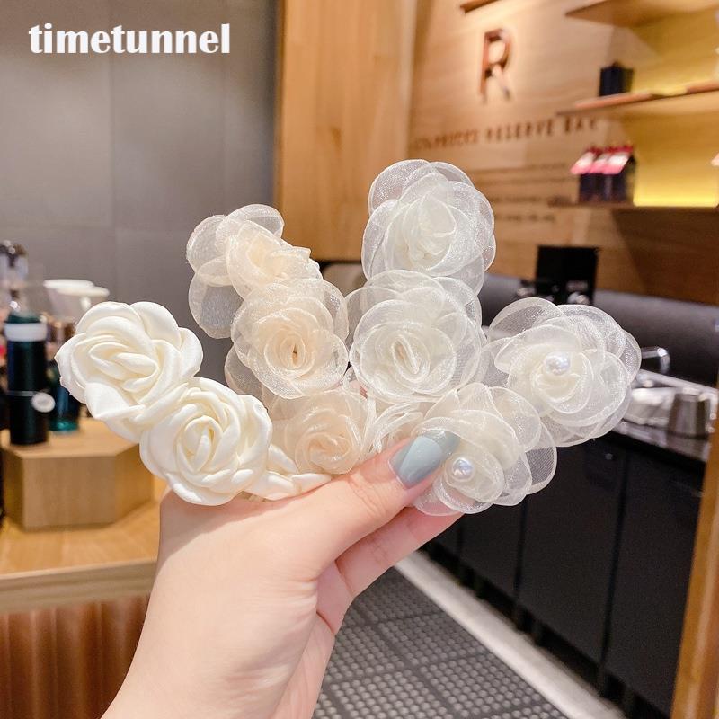 Kẹp Tóc Hình Hoa Trà Bằng Vải Organza Màu Trắng Thời Trang Hàn Quốc Cho Nữ