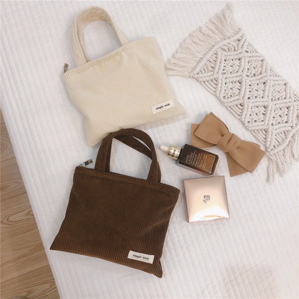 Túi Đựng Mỹ Phẩm Xách Tay Bằng Vải Nhung Kẻ Màu Sắc Đơn Giản Phong Cách Nhật Bản