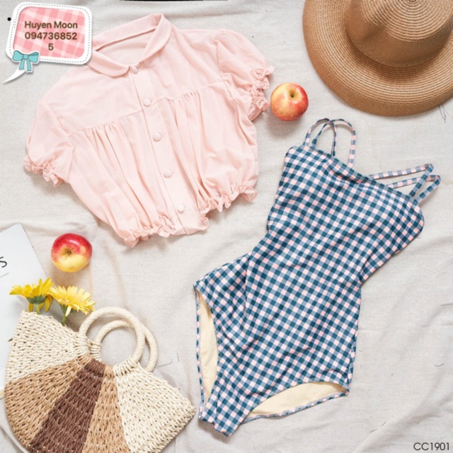 Set bộ bơi liền một mảnh kể caro vintage và áo croptop | BigBuy360 - bigbuy360.vn