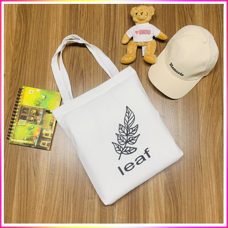 Túi tote vải canvas có khoá kéo miệng túi in hình Leaf