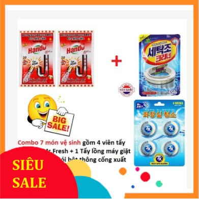 Combo 7 món vệ sinh gồm 4 Viên tẩy bồn cầu Mr Fresh+1 Tẩy lồng máy giặt Hàn quốc+ 2 Gói bột thông cống xuất khẩu Hando