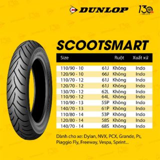 Vỏ xe máy dunlop 140/70-13 m/c 61p tl scoot smart indo