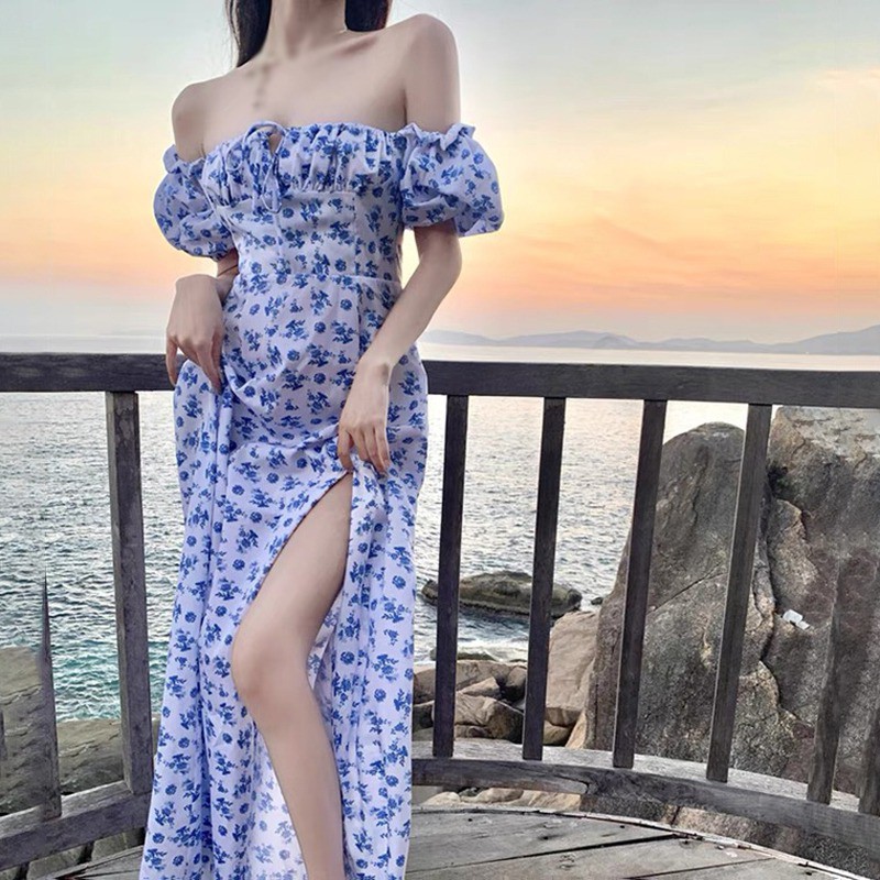 Đầm in hình hoa tay phồng dáng dài xẻ tà kiểu Pháp thời trang mùa hè dành cho nữ