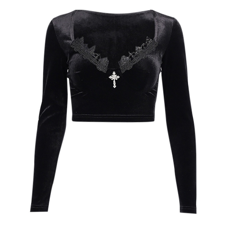 Áo Croptop Nhung Tay Dài Cổ Chữ V Khoét Sâu Gợi Cảm Cho Nữ