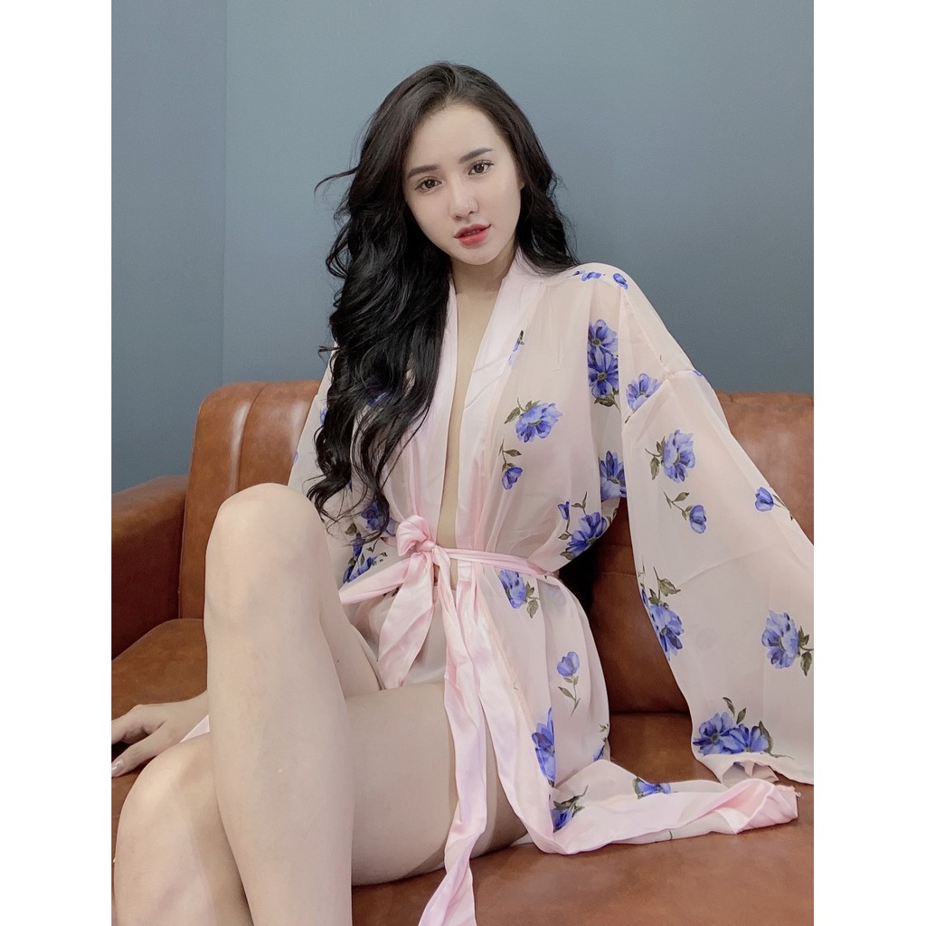 [Mã BMLT30 giảm đến 30K đơn 299K] Áo Choàng Ngủ Nữ SOJUN Vải Voan Phối Satin Kèm Quần | BigBuy360 - bigbuy360.vn