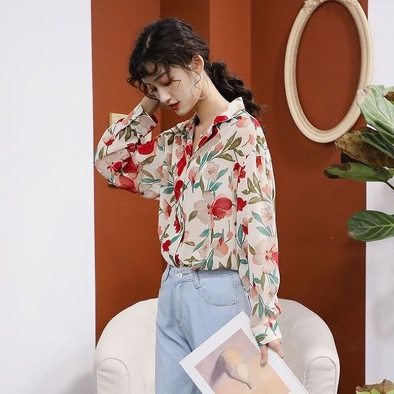 GENAISHA Áo sơ mi tay dài form rộng phong cách retro Hàn Quốc cho nữ 809