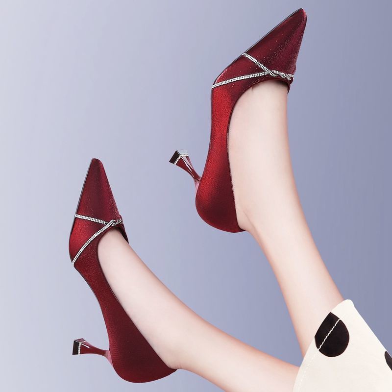 ﹉✈✵Spring and autumn new style rhinestone satin pointed red high heels women s shallow stiletto party dress single shoes