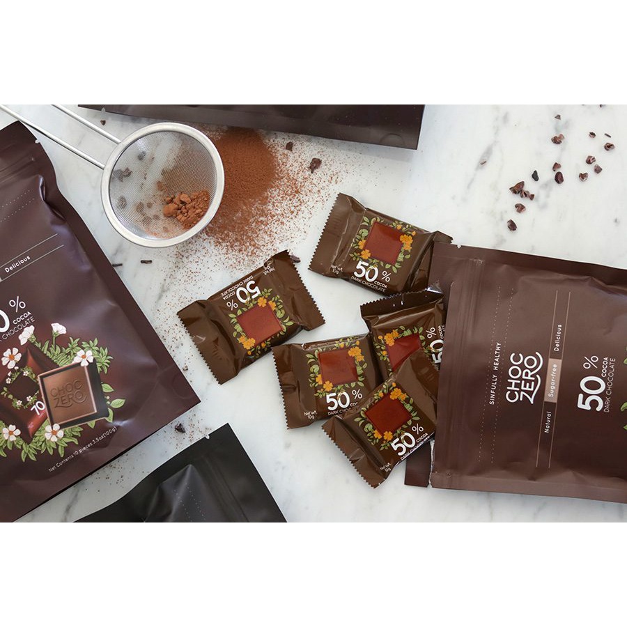 TÚI SOCOLA ĐEN 50% COCOA VUÔNG Choczero DARK CHOCOLATE SQUARES, KHÔNG ĐƯỜNG, ĂN KIÊNG Keto, Non GMO, Gluten Free, 100g