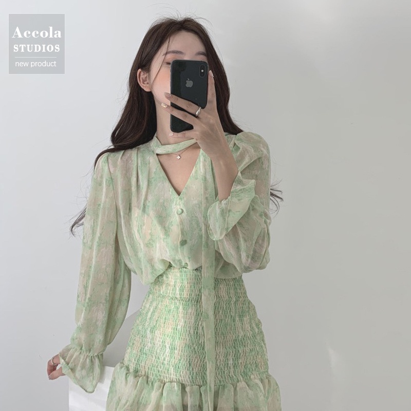 Váy MORAN voan hoa xanh loang dài tay thon eo thun ôm body điệu đà gợi cảm style Hàn Quốc