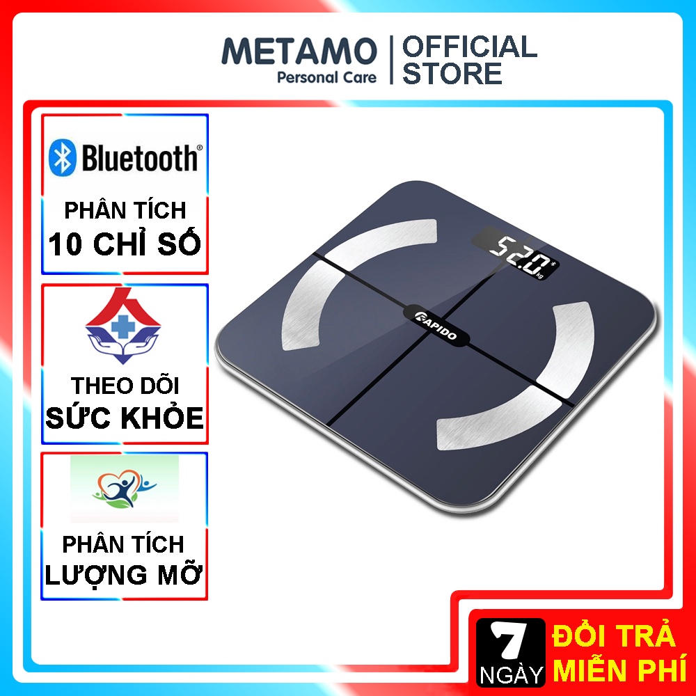 Cân điện tử sức khỏe METAMO cao cấp với màn hình LED và mặt kính cường lực chịu tải 180kg chính hãng bảo hành 12 tháng