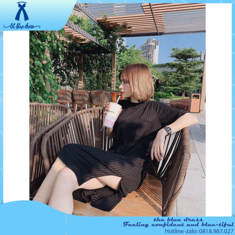 ✨QUẢNG CHÂU✨ Đầm ông gân xẻ tà có túi siêu xinh 🔥FREESHIP🔥 lady xanh cotton cổ V vuông tay phồng chiết eo cao dáng xòe