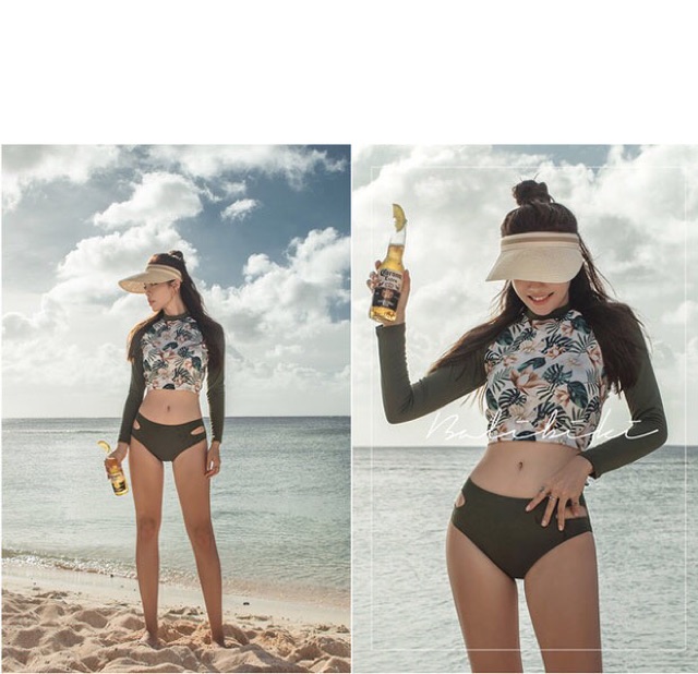 Đồ bơi dài tay dáng Hàn phối hoạ tiết hoa lá | BigBuy360 - bigbuy360.vn