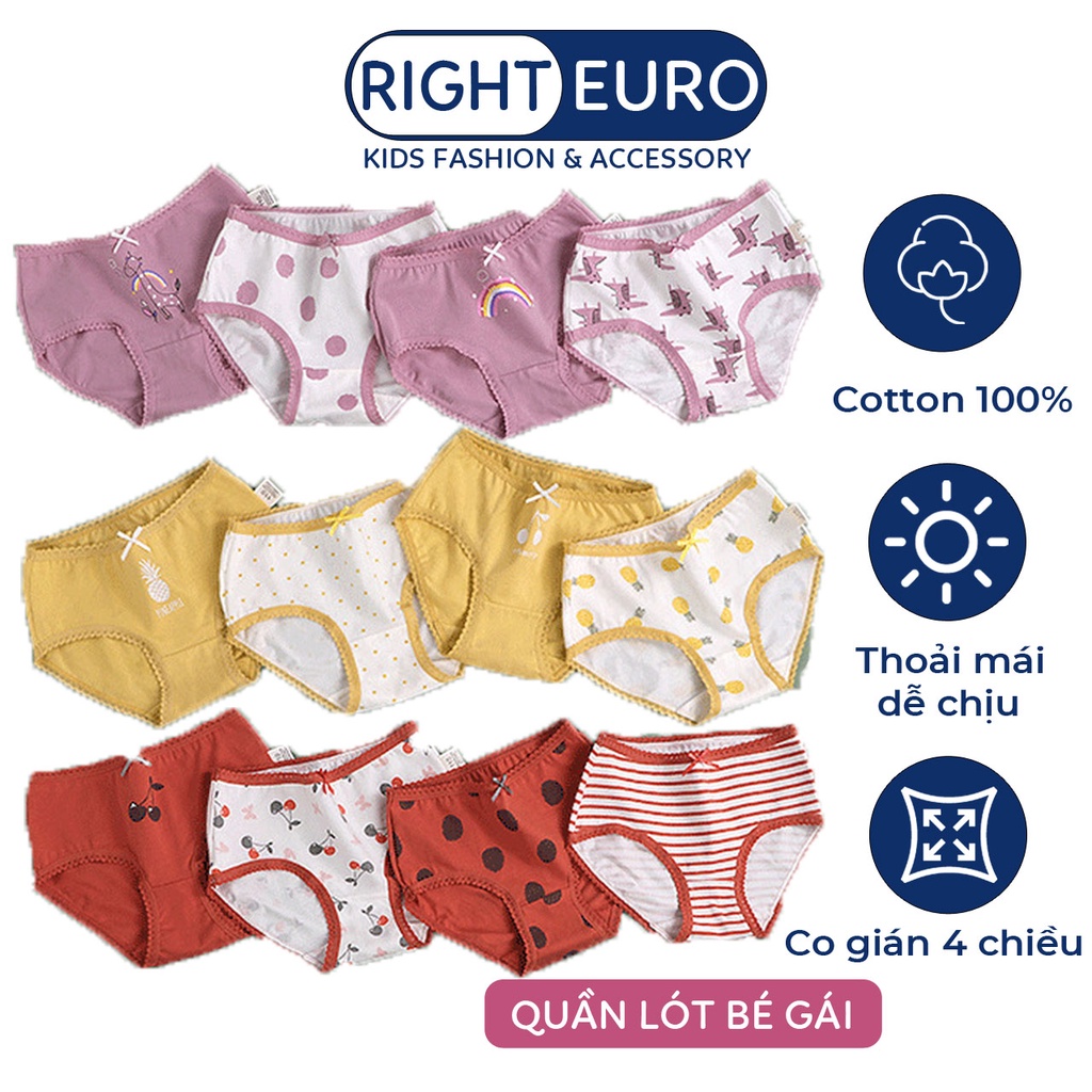 Set 4 Quần lót bé gái RIGHT EURO In Hình Đáng Yêu Quần chip tam giác cho bé xuất dư chất cotton cao cấp siêu mềm mịn 087