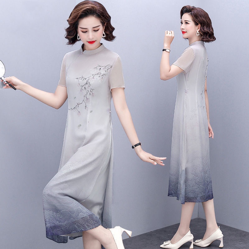 Đầm Sườn Xám Ngắn Tay Bằng Vải Voan Phong Cách Trung Hoa Dành Cho Phụ Nữ Trung Niên