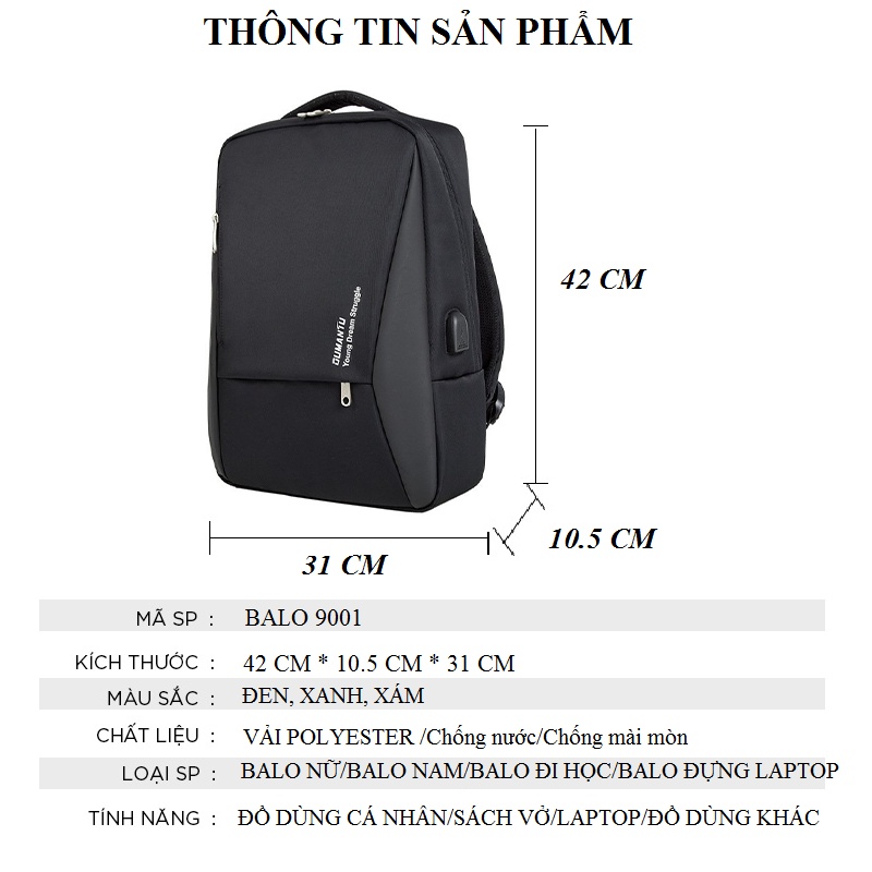 Balo Nữ Cao Cấp Chống Nước Thời Trang Hàn Quốc GUMANTU tích hợp cổng sạc USB NATIFA BL9001