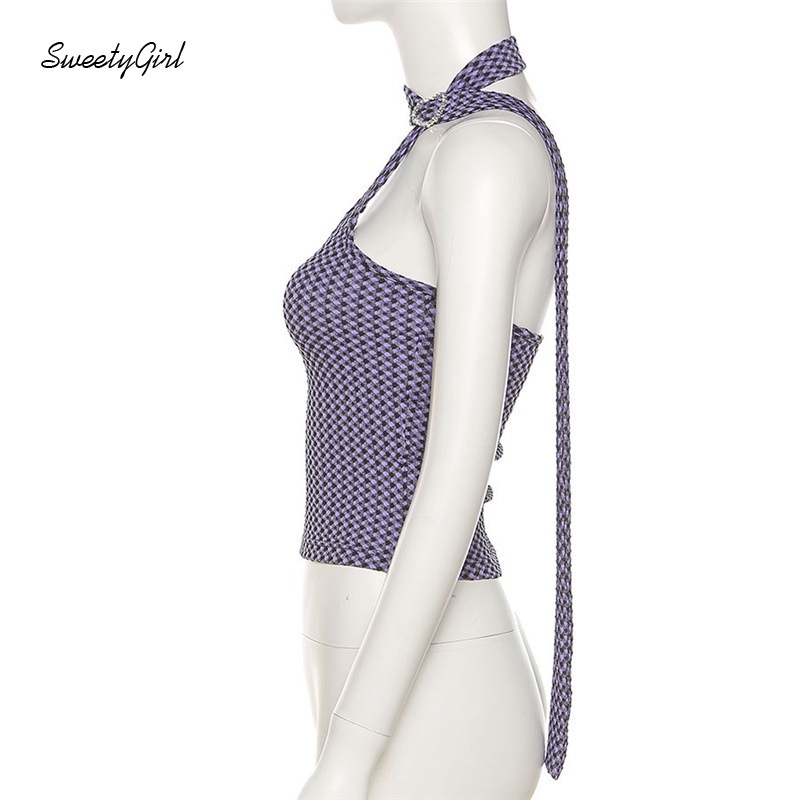 Áo lửng không tay dáng ôm hở lưng in họa tiết caro hợp thời trang cho nữ