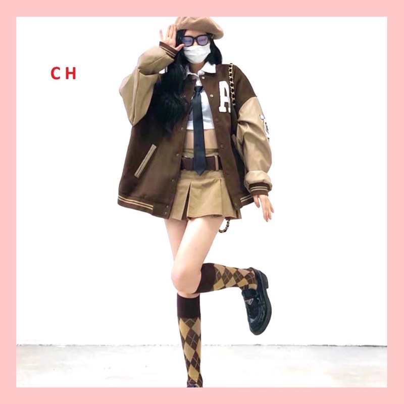 Áo khoác bomber jacket nam nữ phối Nâu Boin Chữ A  In Lucky, chất da cá dày siêu đẹp; Trend 2022