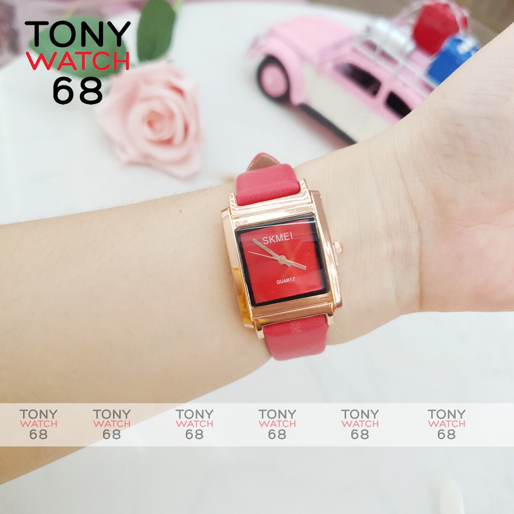 Đồng hồ nữ Skmei mặt vuông dây da đỏ trắng chính hãng chống nước Tony Watch 68