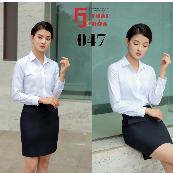 Áo sơ mi trắng nữ tay dài kiểu công sở đẹp bigsize vải cotton Thái Hoà 047-01-01