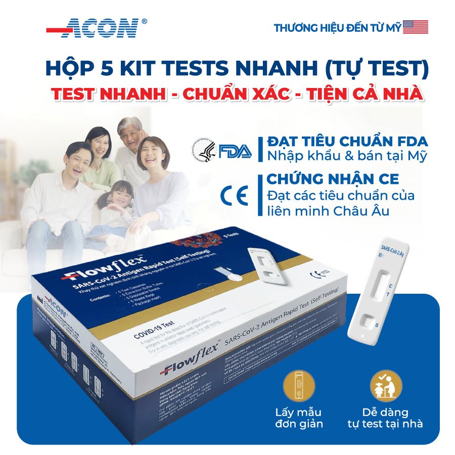 Bộ 5 Kit test covid  Acon Flowflex test nhanh tại nhà - Hàng nhập khẩu chính hãng ACON