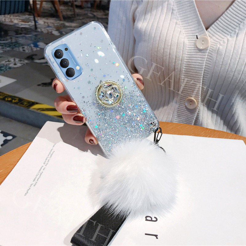 Ốp điện thoại có vòng đỡ và dây đeo gắn bóng lông cho OPPO Reno 6 Z 5G/5F/6 Pro/5/4 Pro/6Z/5F A95 A16 A54 bản Malaysia