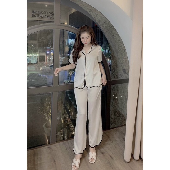 Bộ Đồ Pijama – Bộ Lụa latin viền sóng tay cộc quần dài [Hàng Đẹp, Lụa Mát Mịn]  Không Nhăn, Không Bai Giãn | BigBuy360 - bigbuy360.vn