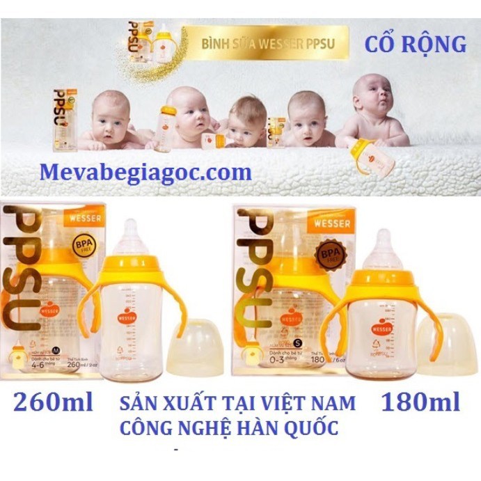 (MẪU MỚI) Bình Sữa Cổ Rộng cao cấp PPSU WESSER (180ML - 260ML) - Made in Vietnam (Công nghệ Hàn Quốc)