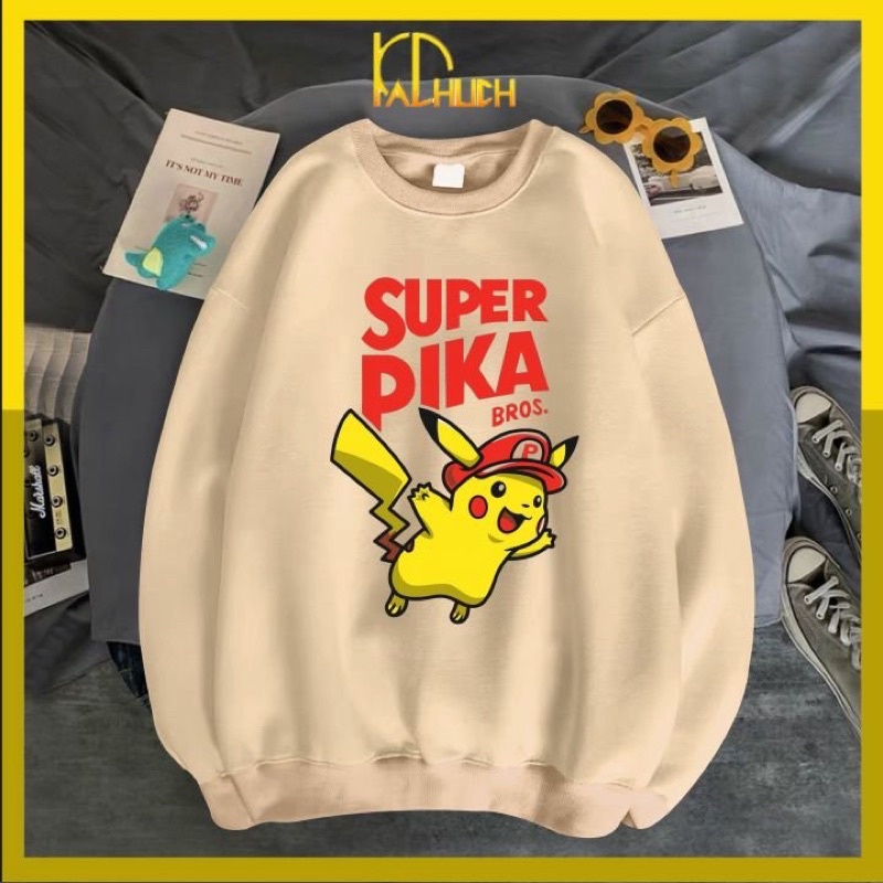 Áo sweater unisex in Super Pika dễ thương, form cho cả nam nữ vải nỉ mềm mịn