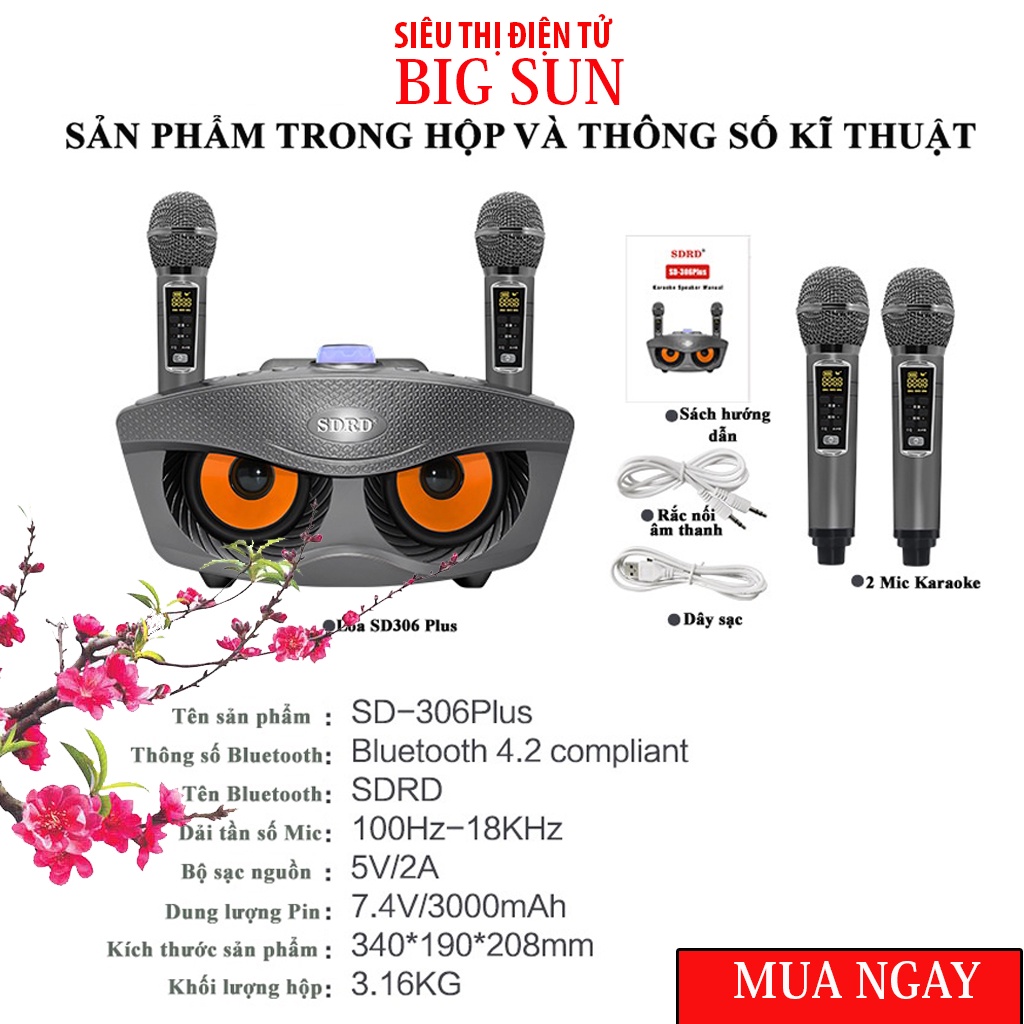 Loa karaoke bluetooth SD 306 Plus, Loa mắt cú, phiên bản cao cấp của SD 306, tặng kèm 2 mic xách tay đi du lịch cực chất