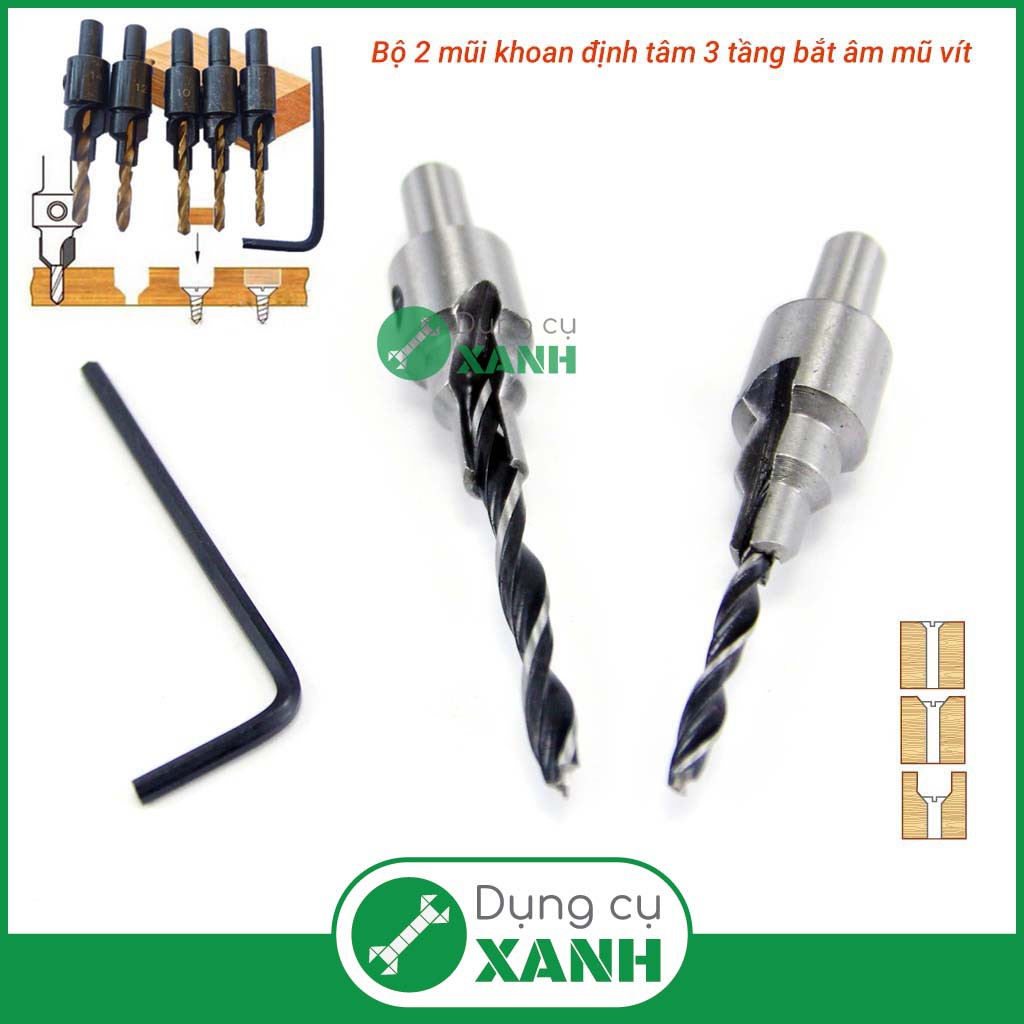 Bộ 2 mũi khoan gỗ định tâm 3 tầng bắt âm mũ vít