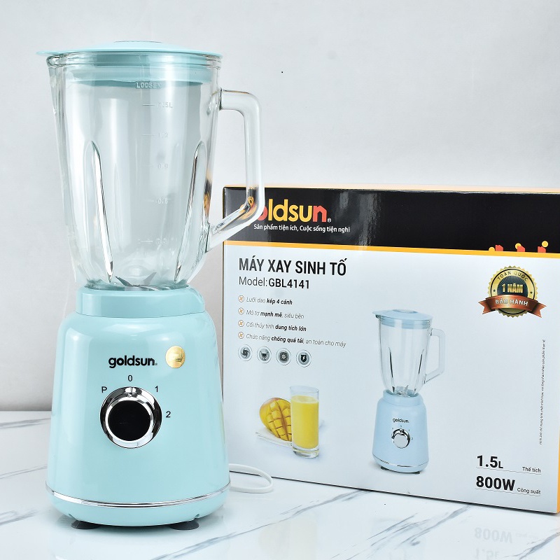 Máy xay sinh tố Goldsun GBL4141 màu xanh dương Pastel cống suất 800W cối xay thủy tinh 1.5L lưỡi dao inox 304 4 cánh