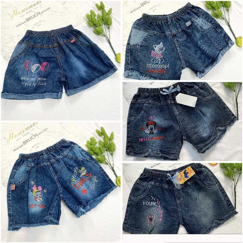 Quần đùi bé gái freesize từ 30-35kg quần short jean mềm thêu hoa - SIZETRUNG