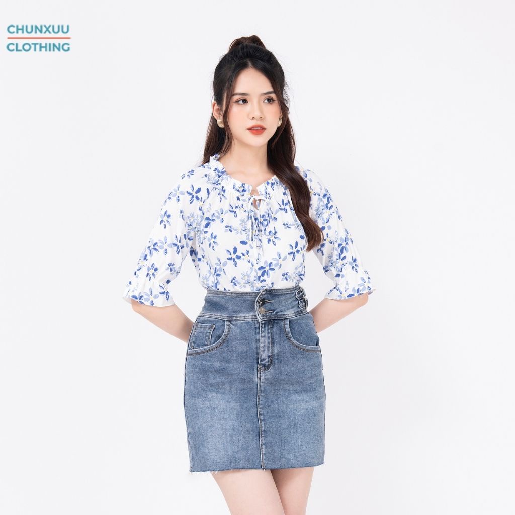 Áo kiểu nữ tay lỡ phong cách công sở Chunxuu thiết kế cổ bèo phối hoa nhí màu sắc tươi sáng trẻ trung - XU15