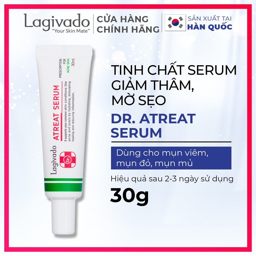 Bộ chăm sóc da mụn, giảm thâm Hàn Quốc Lagivado gồm Dr. ATreat Serum 30 ml và tẩy tế bào da chết 50 ml.