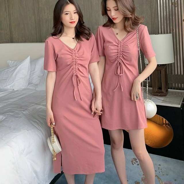 đầm thun dây rút ngực cá tính chất cotton