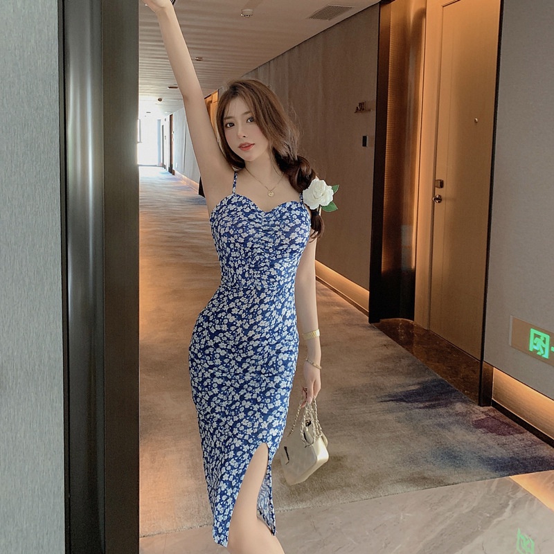 IELGY      Đầm Ôm Hai Dây Mỏng Vừa Vặn Họa Tiết Hoa Nhỏ Cho Nữ