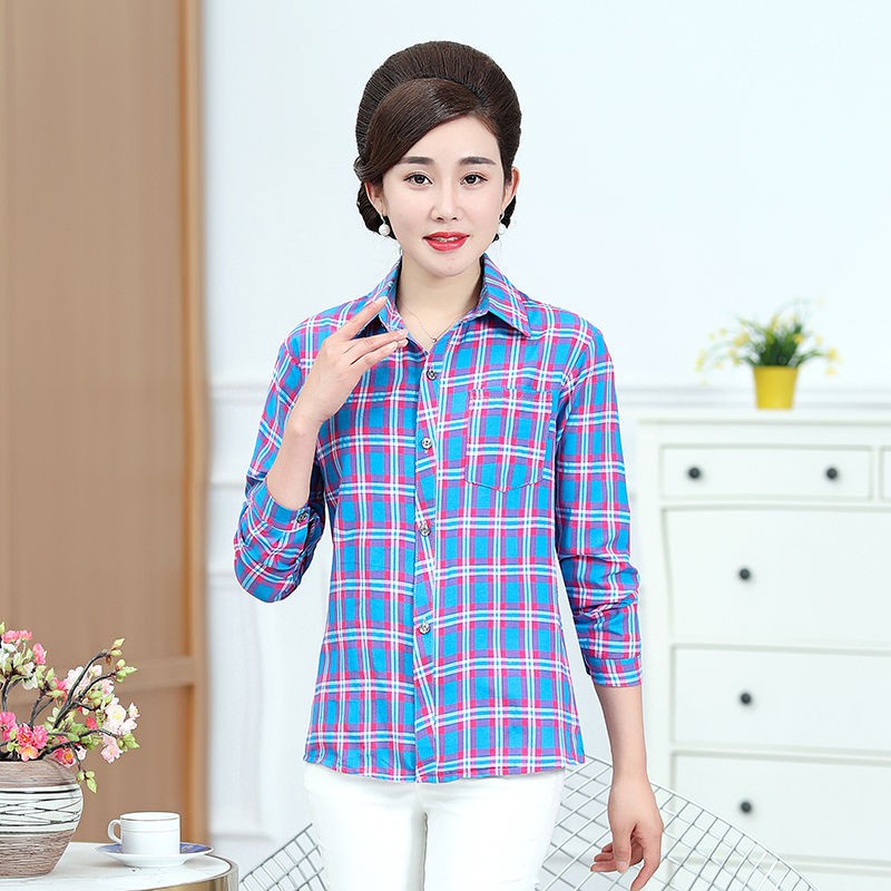 Mới Áo Sơ Mi Tay Dài Họa Tiết Kẻ Sọc Chất Liệu Polyester Cho Nữ 40-50 Tuổi