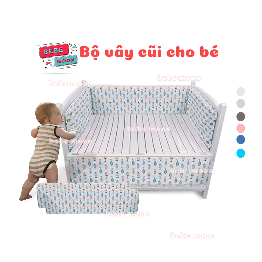 Bộ 4 Tấm Quây Đệm Giường Cũi Cho Bé Vỏ Cotton Ruột Đệm Trứng Cứng Đủ Kích Thước Đủ Màu Sắc