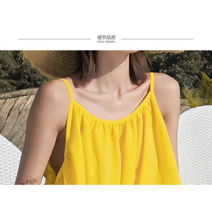 Váy 2 dây cổ yếm maxi LUHAZO dáng xoè đi biểnmàu vàng nổi bật nữ đẹp  dài rộng bigsize bikini Hàn Quốc 8586 DK